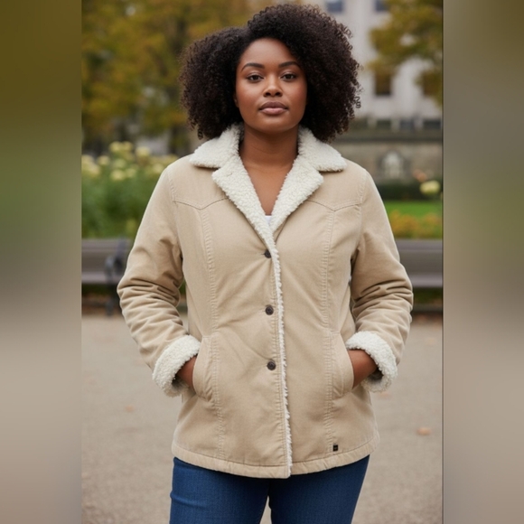 Abercrombie &Fitch Women's Vintage Sherpa Collar Coat Cotton Velvet Tan  Large - Picture 1 of 7